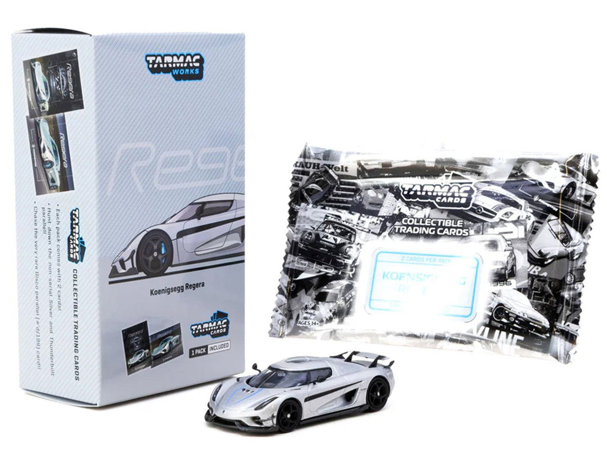 Koenigsegg Regera Silver Metallic with Blue Accents and Collectible Tarmac Cards "Global64" Series 1/64 Diecast Model Car by Tarmac Works-Tarmac Works-ModelCars.com