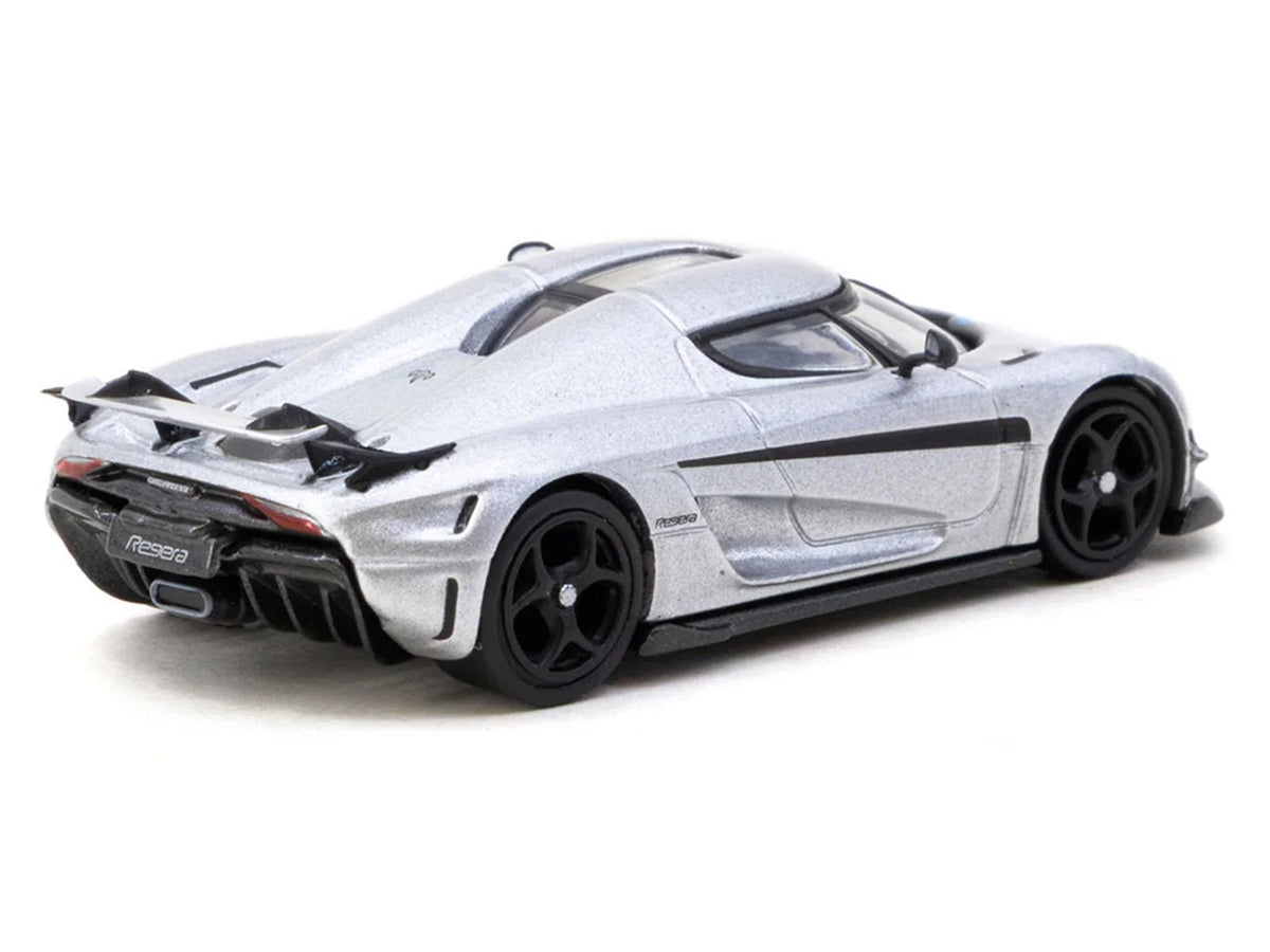 Koenigsegg Regera Silver Metallic with Blue Accents and Collectible Tarmac Cards "Global64" Series 1/64 Diecast Model Car by Tarmac Works-Tarmac Works-ModelCars.com