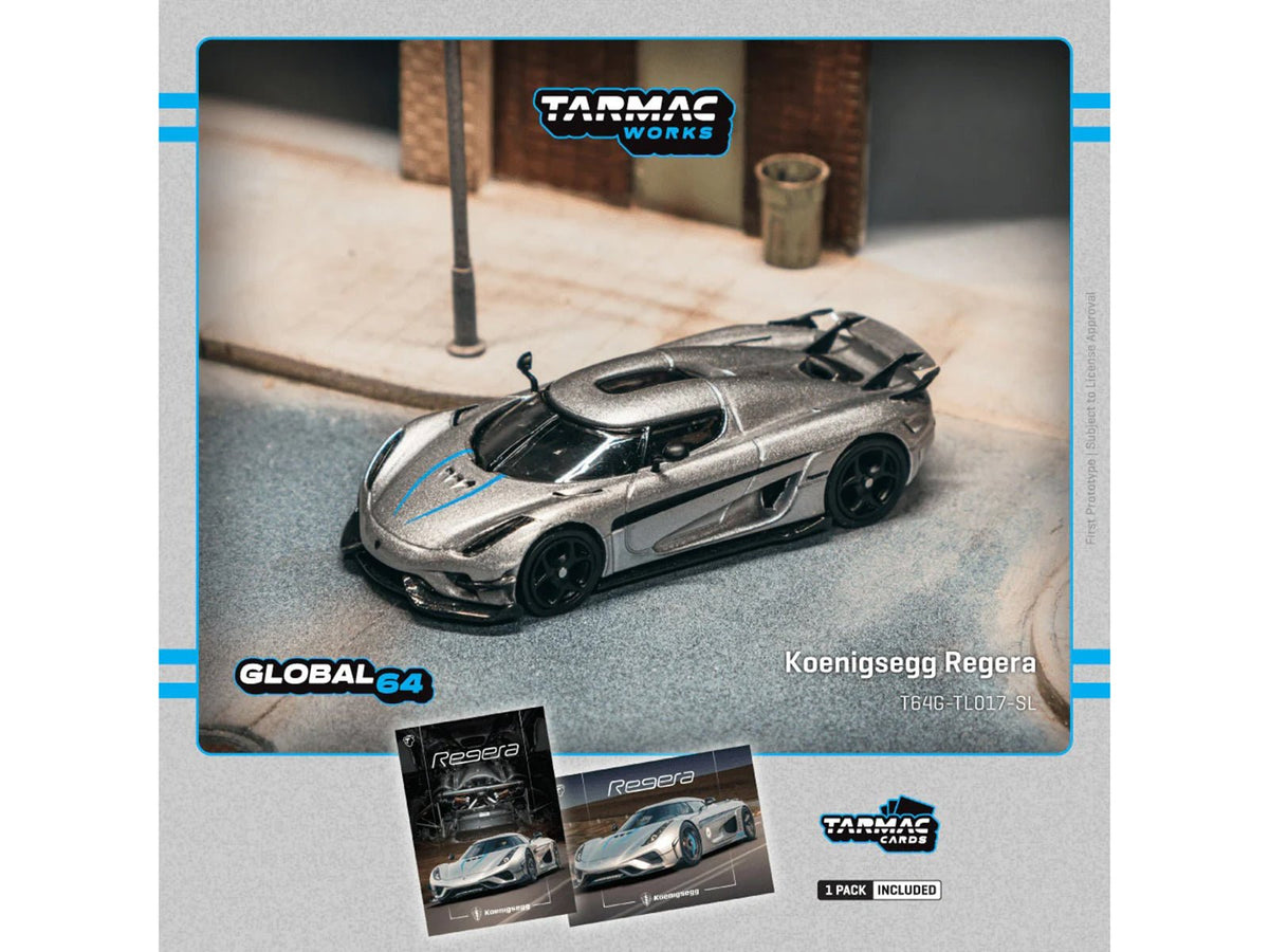 Koenigsegg Regera Silver Metallic with Blue Accents and Collectible Tarmac Cards "Global64" Series 1/64 Diecast Model Car by Tarmac Works-Tarmac Works-ModelCars.com