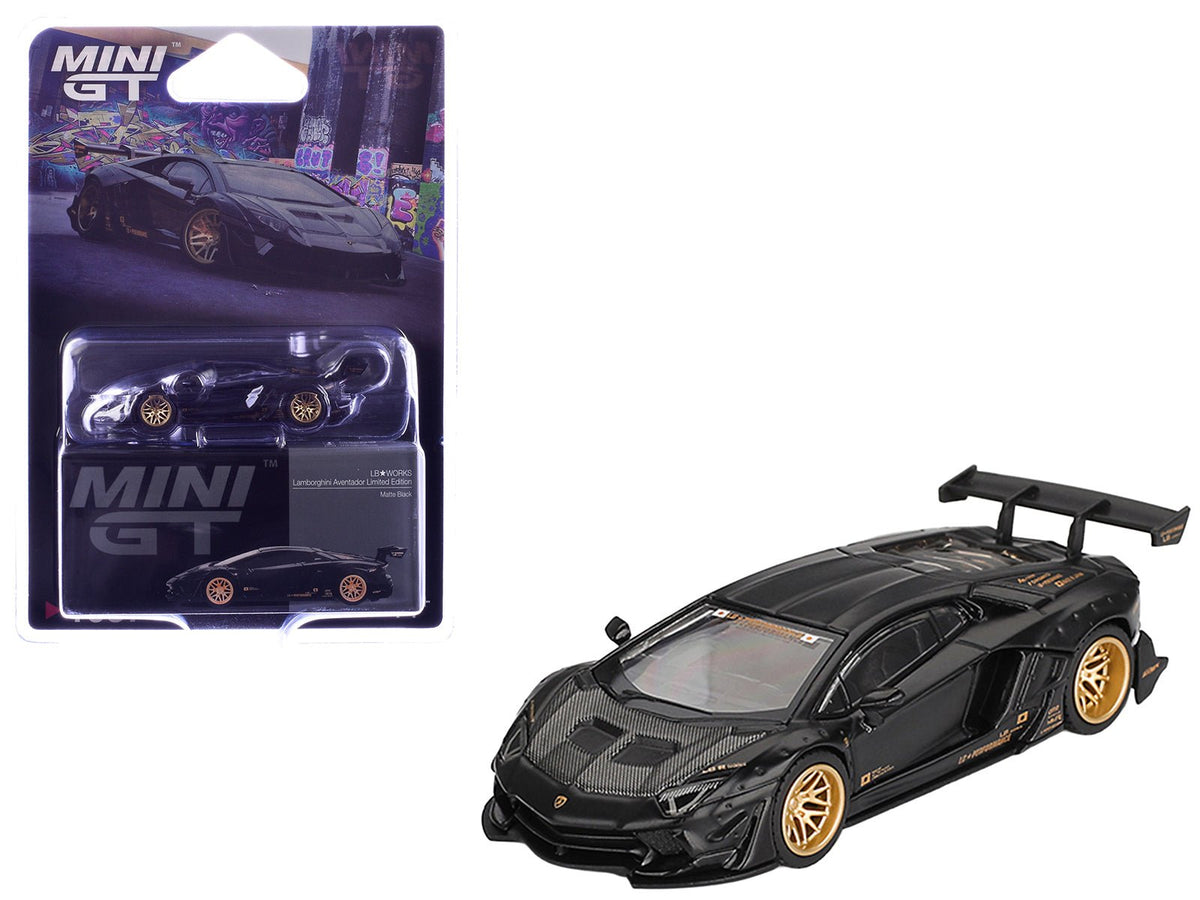 Lamborghini Aventador "LB-Works" Matt Black with Carbon Hood Limited Edition 1/64 Diecast Model Car by Mini GT-Mini GT-ModelCars.com