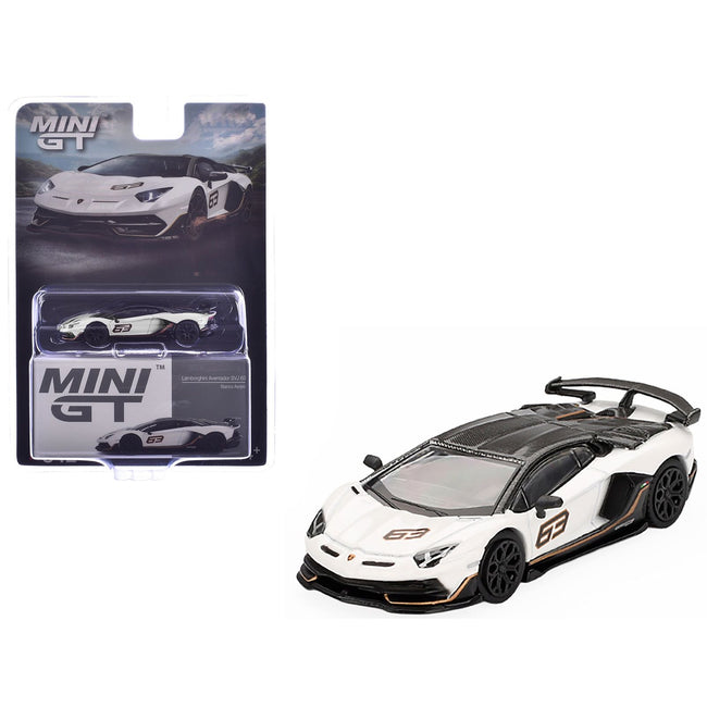 Lamborghini Aventador SVJ 63 Bianco Asopo White with Carbon Top Limited Edition 1/64 Diecast Model Car by Mini GT-Mini GT-ModelCars.com