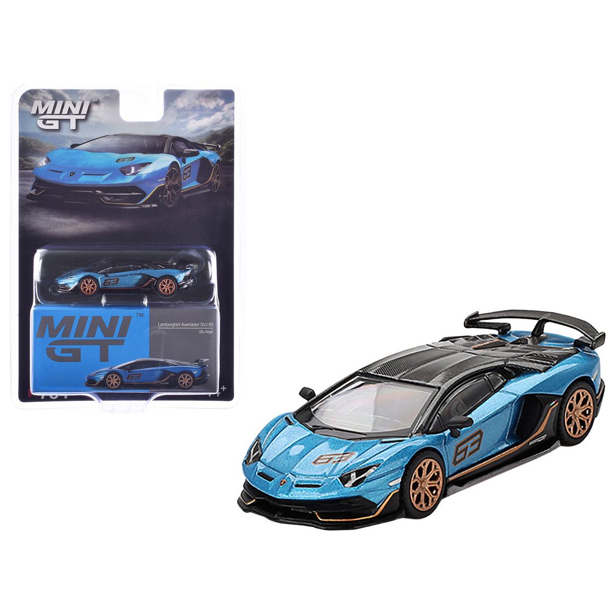 Lamborghini Aventador SVJ 63 Blu Aegir Blue Metallic with Carbon Top Limited Edition 1/64 Diecast Model Car by Mini GT - Mini GT - ModelCars.com