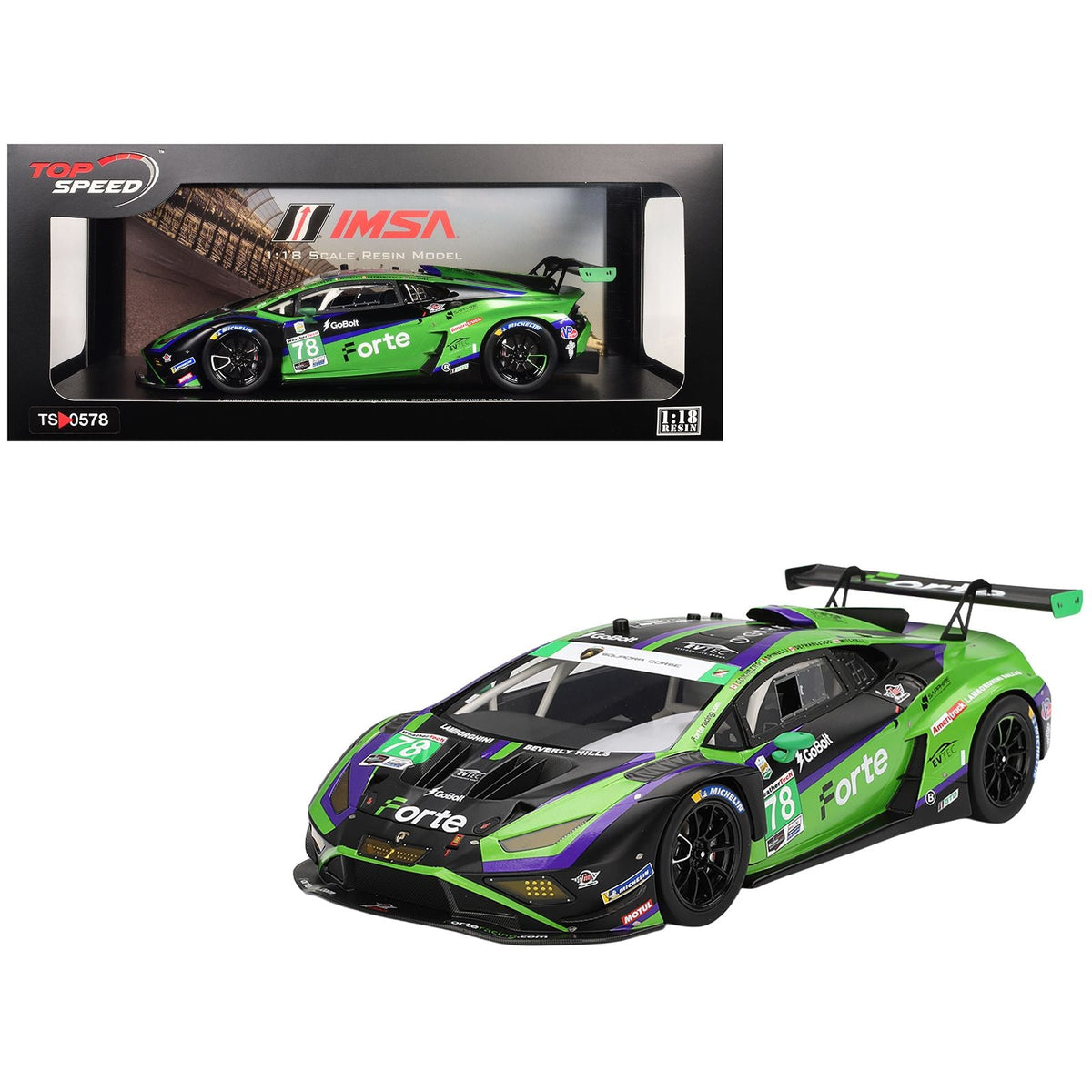Lamborghini Huracan GT3 EVO2 #78 Devlin DeFrancesco - Misha Goikhberg - Sandy Mitchell - Loris Spinelli "Forte Racing" IMSA "24 Hours of Daytona" (2024) 1/18 Model Car by Top Speed-Top Speed-ModelCars.com