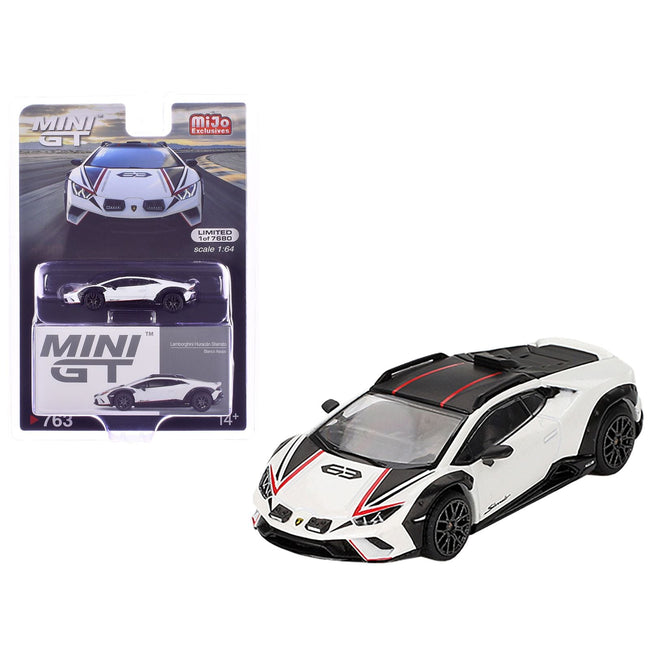 Lamborghini Huracan Sterrato Bianco Asopo White Metallic with Red Stripes and Matt Black Top Limited Edition to 7680 pieces Worldwide 1/64 Diecast Model Car by Mini GT-Mini GT-ModelCars.com