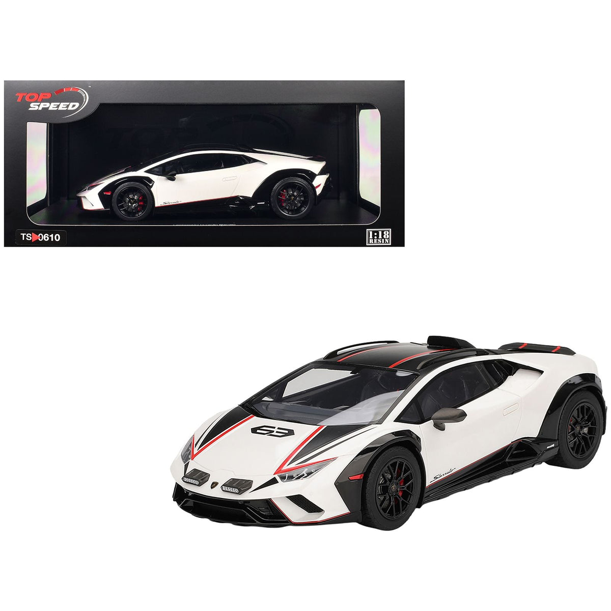 Lamborghini Huracan Sterrato Bianco Asopo White with Matt Black Top and Red Stripes 1/18 Model Car by Top Speed-Top Speed-ModelCars.com