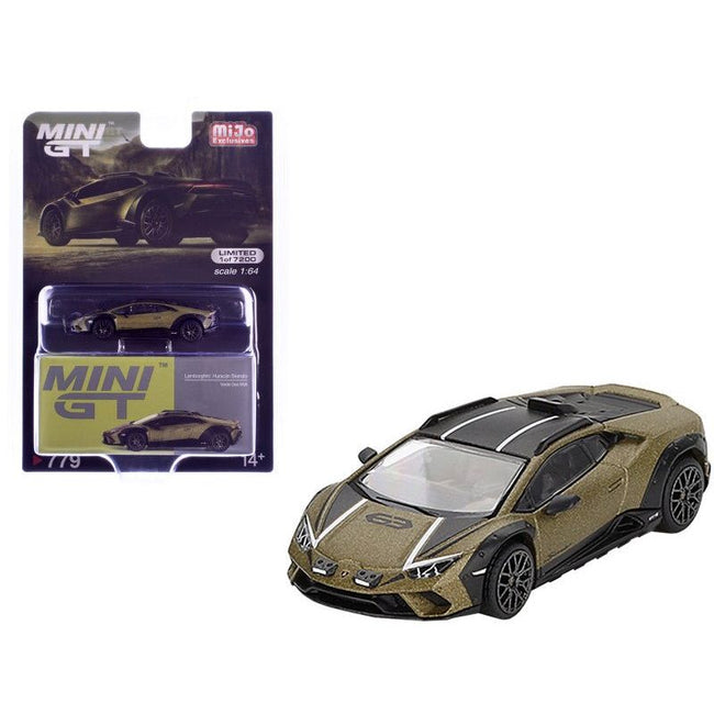 Lamborghini Huracan Sterrato Verde Gea Matt Green Metallic with Black Tio and White Stripes Limited Edition to 7200 pieces Worldwide 1/64 Diecast Model Car by Mini GT - Mini GT - ModelCars.com