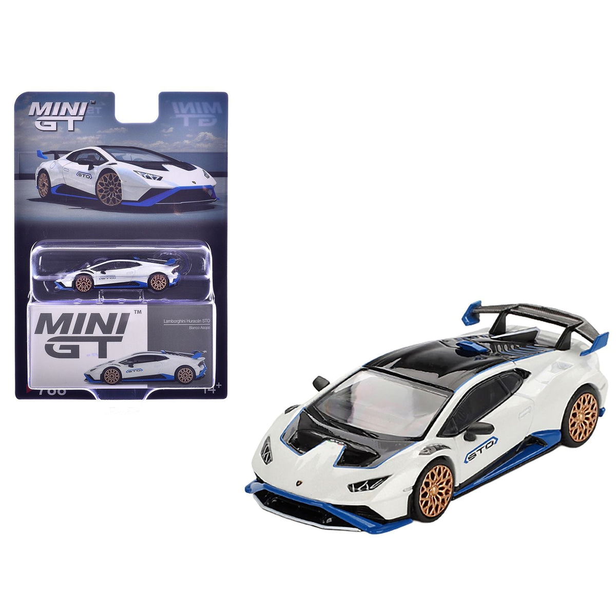 Lamborghini Huracan STO Bianco Asopo White with Black Top and Blue Accents Limited Edition 1/64 Diecast Model Car by Mini GT-Mini GT-ModelCars.com