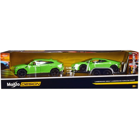 Lamborghini Urus Green with Lamborghini Huracan Coupe Green and Flatbed Trailer Set of 3 pieces "Elite Transport" Series 1/24 Diecast Model Cars by Maisto - Maisto - ModelCars.com