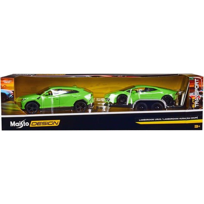 Lamborghini Urus Green with Lamborghini Huracan Coupe Green and Flatbed Trailer Set of 3 pieces "Elite Transport" Series 1/24 Diecast Model Cars by Maisto - Maisto - ModelCars.com