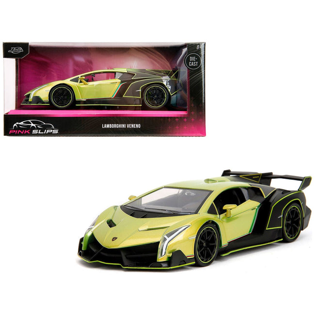 Lamborghini Veneno Lime Green Metallic and Matt Black "Pink Slips" Series 1/24 Diecast Model Car by Jada - Jada - ModelCars.com