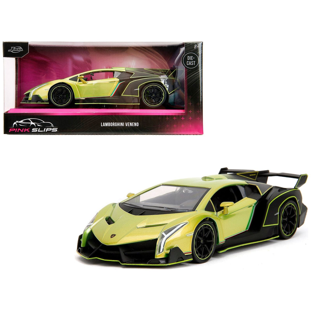 Lamborghini Veneno Lime Green Metallic and Matt Black "Pink Slips" Series 1/24 Diecast Model Car by Jada-Jada-ModelCars.com
