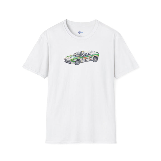 Lancia 037 Rally #18 Miki Biasion - Tiziano Siviero "Rallye Sanremo" (1983) - Cartoon Art - Unisex T-Shirt-Modelcars.com-ModelCars.com