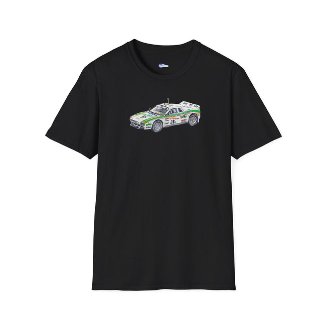 Lancia 037 Rally #18 Miki Biasion - Tiziano Siviero "Rallye Sanremo" (1983) - Cartoon Art - Unisex T-Shirt-Modelcars.com-ModelCars.com