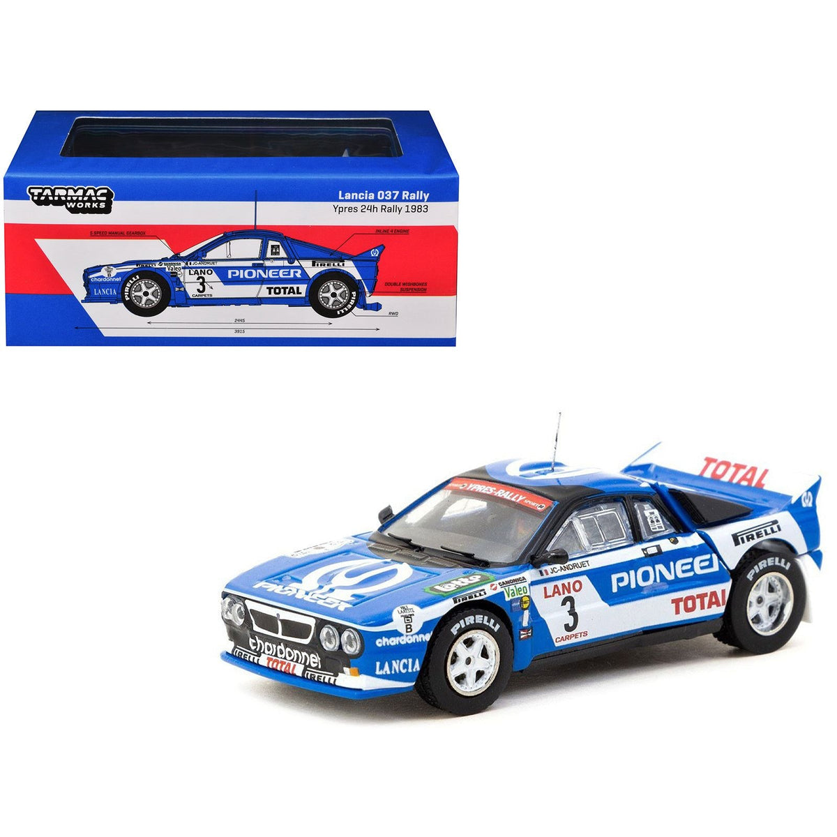 Lancia 037 Rally #3 Jean-Claude Andruet - Francoise Sappey 2nd Place "Ypres 24 Hours Rally" (1983) "Hobby64+" Series 1/64 Diecast Model Car by Tarmac Works-Tarmac Works-ModelCars.com