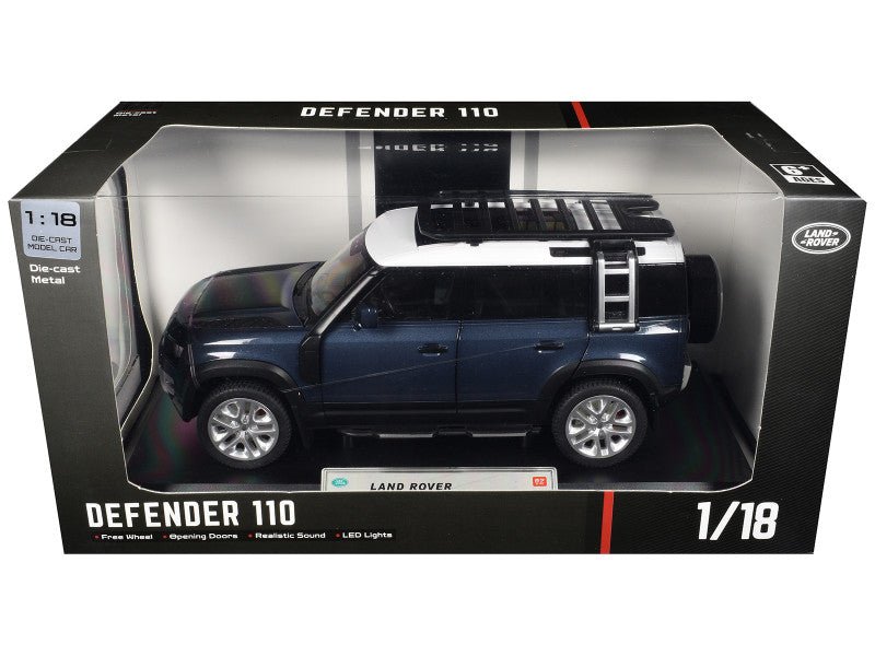 Land Rover Defender 110 Blue Metallic with White Top and Roof Rack 1/18 Diecast Model Car by Heimanba-Heimanba-ModelCars.com