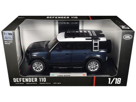 Land Rover Defender 110 Blue Metallic with White Top and Roof Rack 1/18 Diecast Model Car by Heimanba-Heimanba-ModelCars.com
