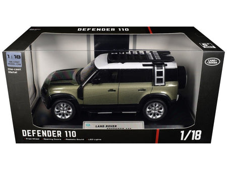 Land Rover Defender 110 Green Metallic with White Top and Roof Rack 1/18 Diecast Model Car by Heimanba-Heimanba-ModelCars.com