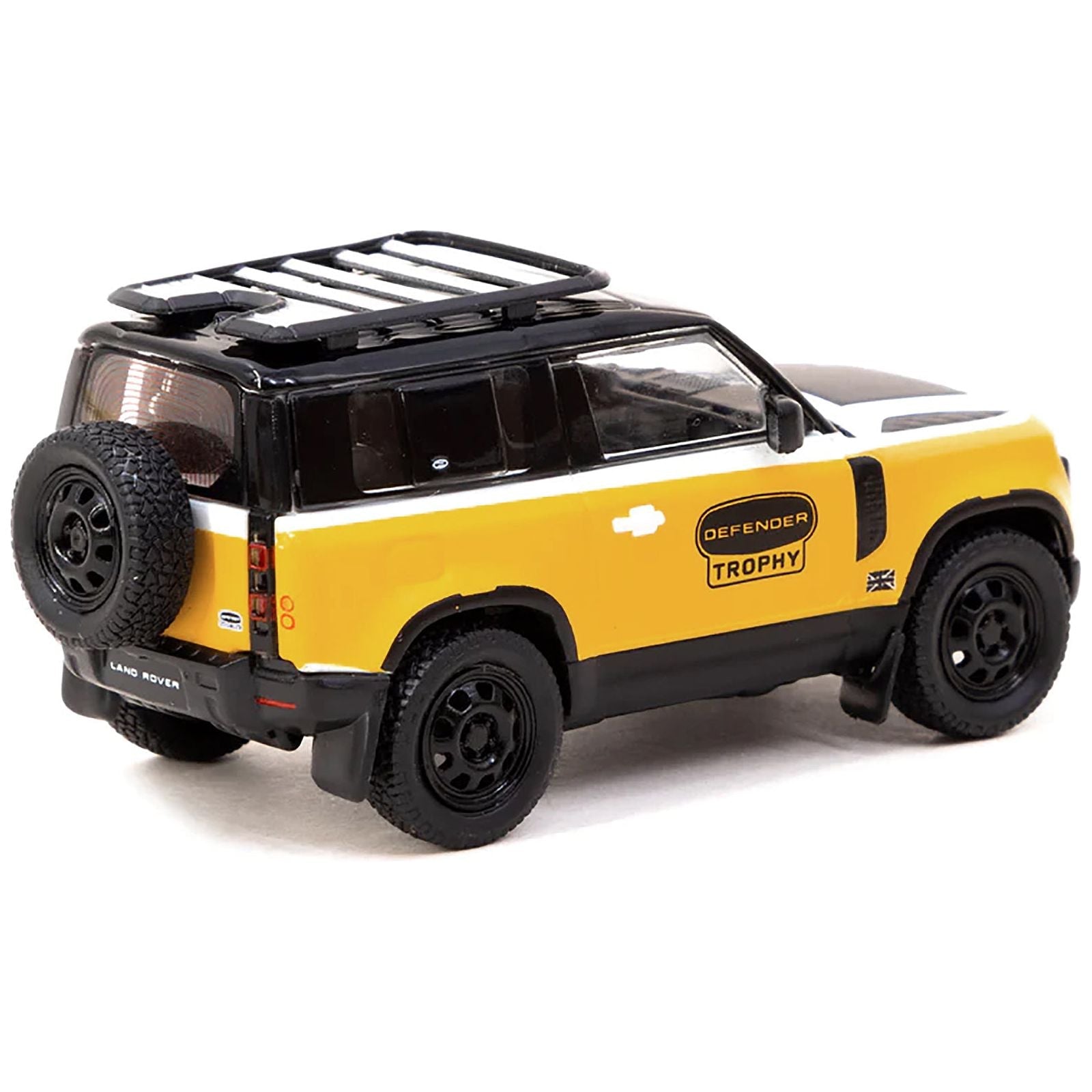 Land Rover Defender 90 "Trophy Edition" Yellow and White with Black Top and Roof Rack "Global64" Series 1/64 Diecast Model by Tarmac Works - Tarmac Works - ModelCars.com