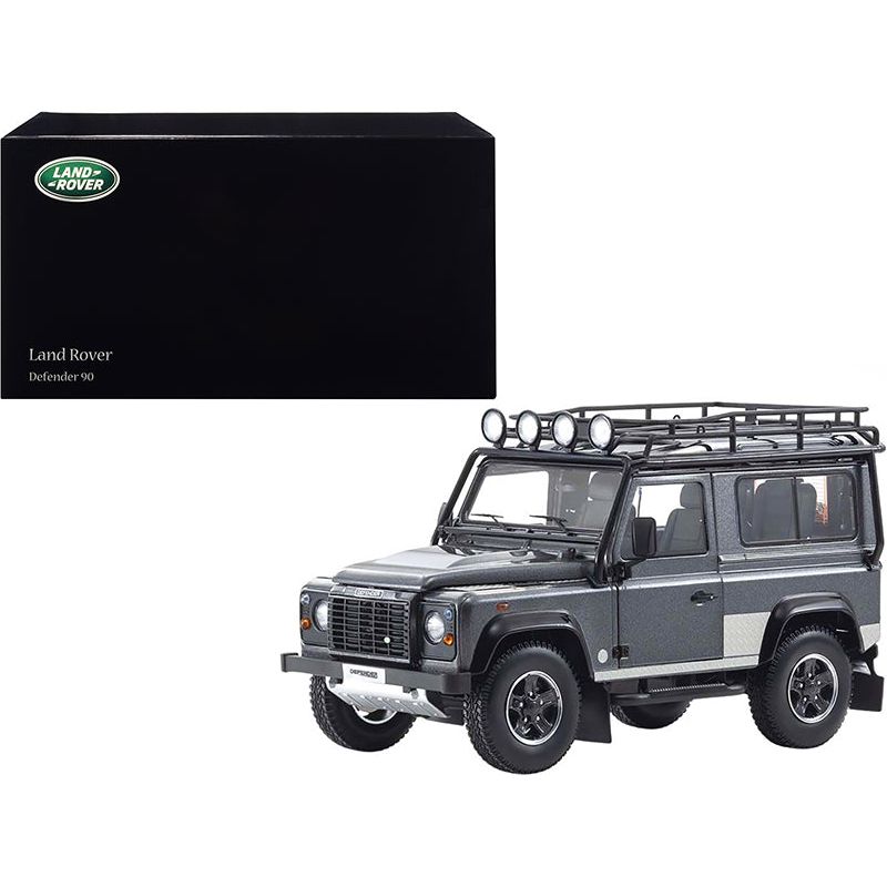 Land Rover Defender 90 with Roof Rack Dark Gray Metallic with Black Top and Chequer Plates 1/18 Diecast Model Car by Kyosho - Kyosho - ModelCars.com