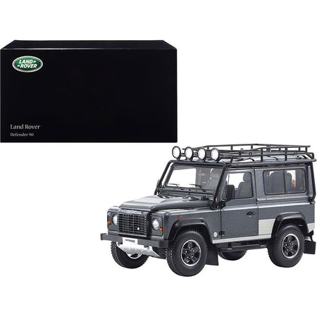 Land Rover Defender 90 with Roof Rack Dark Gray Metallic with Black Top and Chequer Plates 1/18 Diecast Model Car by Kyosho-Kyosho-ModelCars.com
