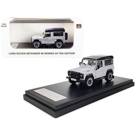Land Rover Defender 90 Works V8 Silver Metallic with Black Top "70th Edition" 1/64 Diecast Model Car by LCD Models-LCD Models-ModelCars.com