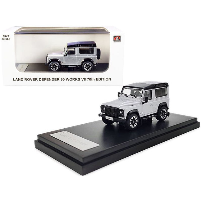 Land Rover Defender 90 Works V8 Silver Metallic with Black Top "70th Edition" 1/64 Diecast Model Car by LCD Models - LCD Models - ModelCars.com