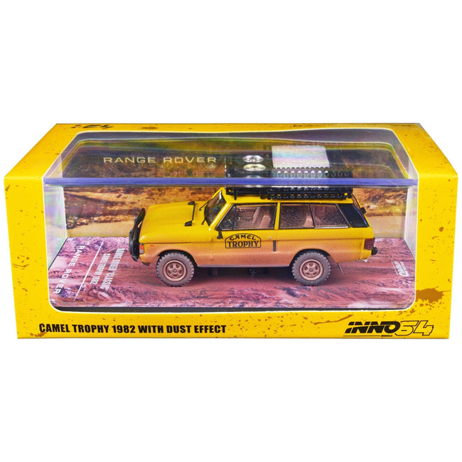 Land Rover Range Rover Classic "Camel Trophy 1982" Yellow (Dust Effect) with Roof Rack Tool Box and 4 Oil Container Accessories 1/64 Diecast Model Car by Inno Models - Inno Models - ModelCars.com