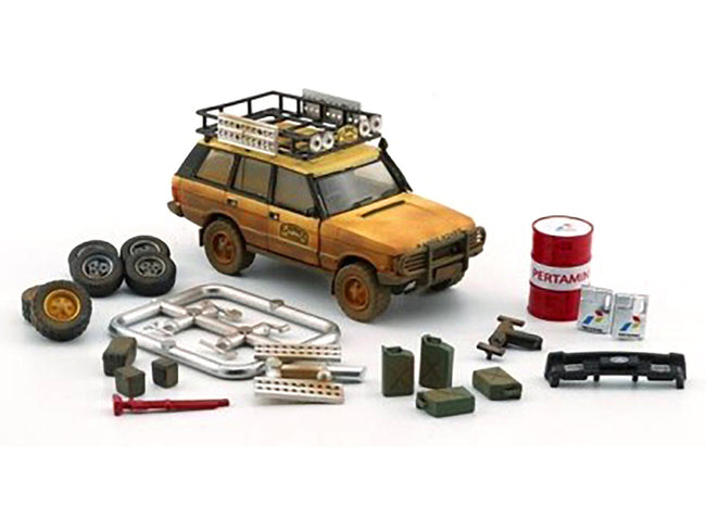 Land Rover Range Rover Classic LSE RHD (Right Hand Drive) "Camel Trophy" Yellow (Dirty Mud Version) with Roof Rack Extra Wheels and Accessories Limited Edition to 2016 pieces Worldwide 1/64 Diecast Model Car by BM Creations-BM Creations-ModelCars.com
