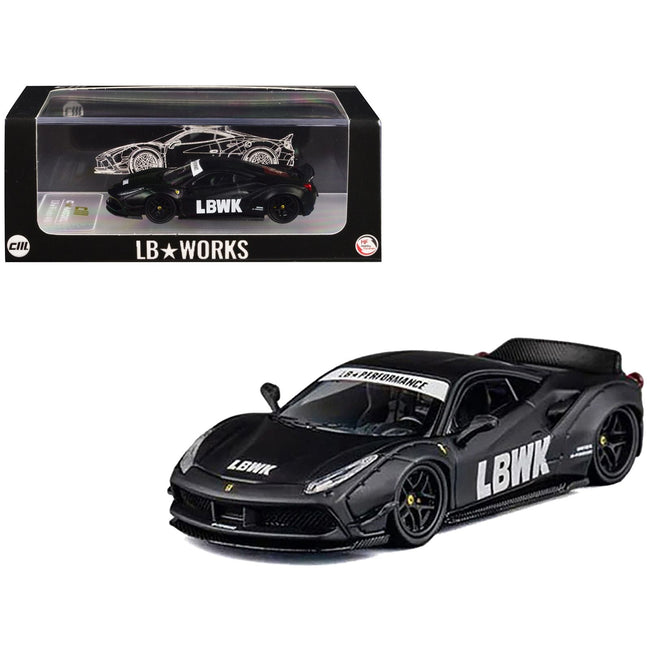 LB Works 488 "LBWK" Matt Black 1/64 Diecast Model Car by CM Model-CM Models-ModelCars.com