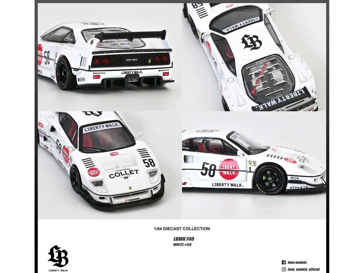 LBWK (Liberty Walk) F40 58 White with Graphics "Collet" 1/64 Diecast Model Car by Inno Models-Inno Models-ModelCars.com