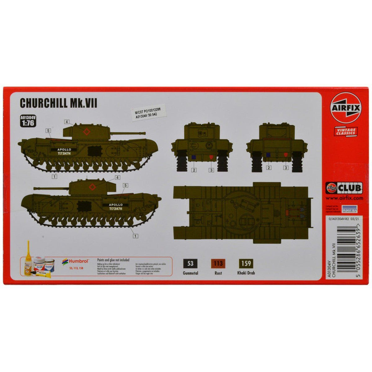 Level 2 Model Kit British Churchill Mk.VII Tank 1/76 Plastic Model Kit by Airfix-Airfix-ModelCars.com