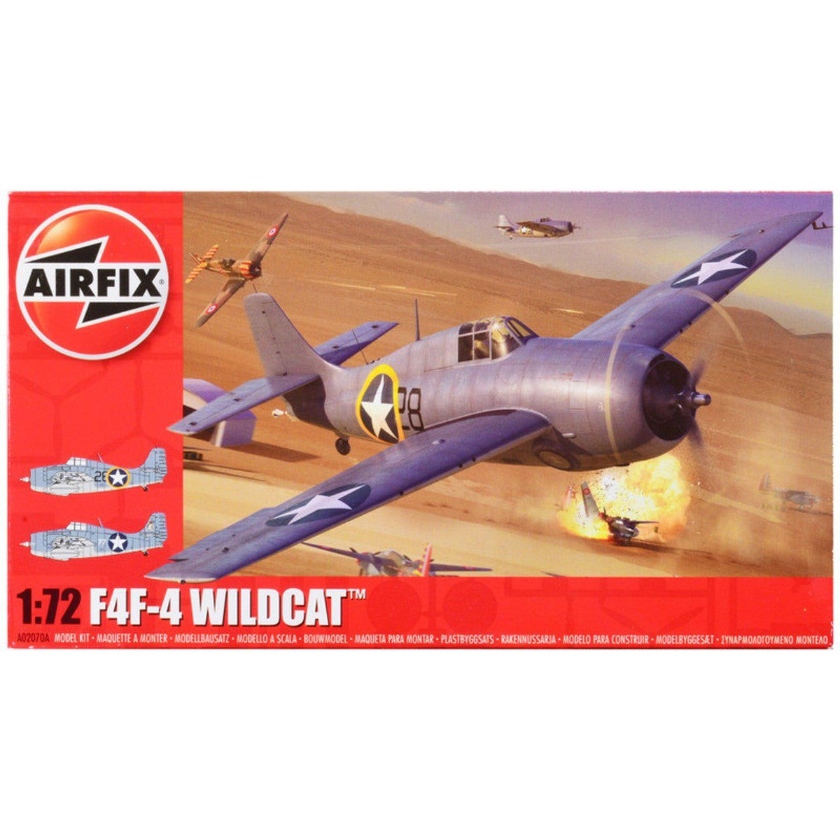 Level 2 Model Kit Grumman F4F-4 Wildcat Fighter Aircraft with 2 Scheme Options 1/72 Plastic Model Kit by Airfix-Airfix-ModelCars.com