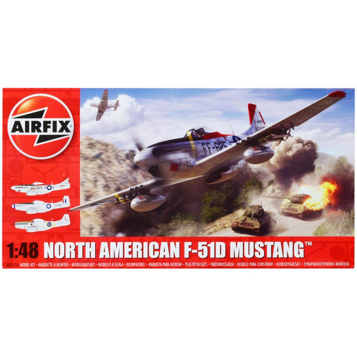 Level 2 Model Kit North American F-51D Mustang Fighter Aircraft with 3 Scheme Options 1/48 Plastic Model Kit by Airfix-Airfix-ModelCars.com
