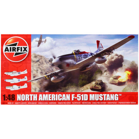 Level 2 Model Kit North American F-51D Mustang Fighter Aircraft with 3 Scheme Options 1/48 Plastic Model Kit by Airfix-Airfix-ModelCars.com