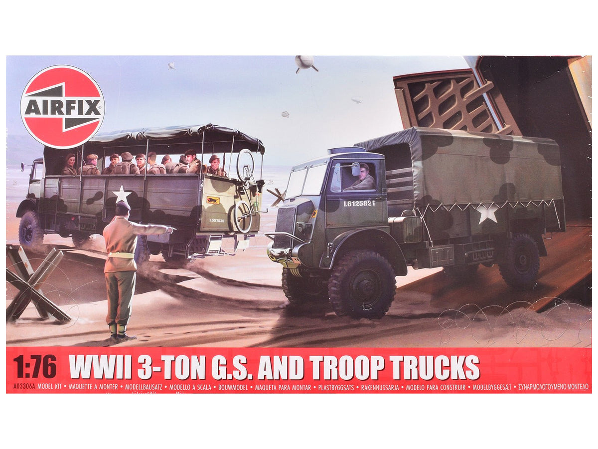 Level 2 Model Kit WWII 3-Ton General Service and Troop Trucks 1/76 Plastic Model Kit by Airfix-Airfix-ModelCars.com