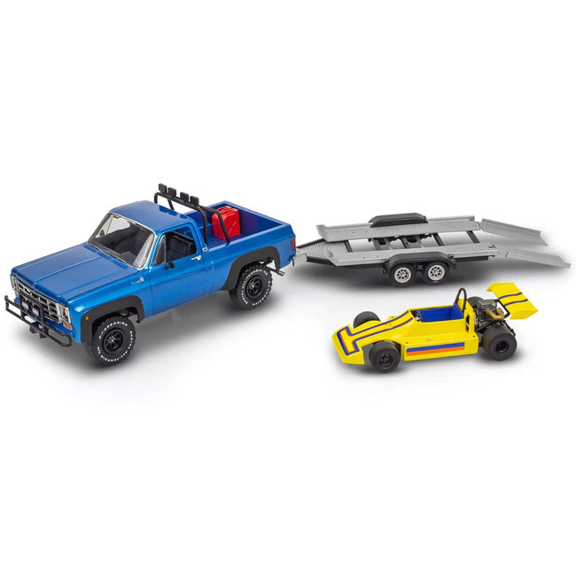 Level 3 Model Kit 1978 Chevrolet Off-Road 4x4 Pickup Truck and "Malibu Grand Prix" Virage with Trailer "Fantasy Formula" 1/25 Scale Model by Revell-Revell-ModelCars.com