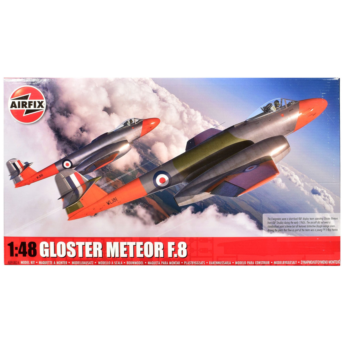 Level 3 Model Kit Gloster Meteor F.8 Aircraft with 2 Scheme Options 1/48 Plastic Model Kit by Airfix-Airfix-ModelCars.com