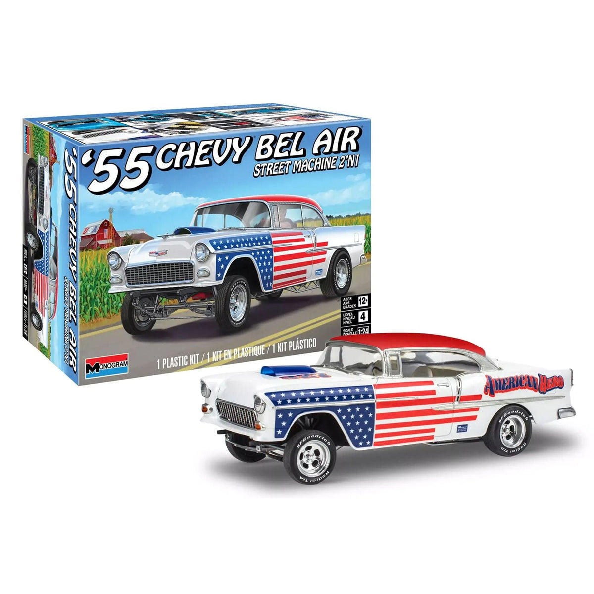 Level 4 Model Kit 1955 Chevrolet Bel Air Street Machine 2-in-1 Kit 1/24 Scale Model by Revell-Revell-ModelCars.com