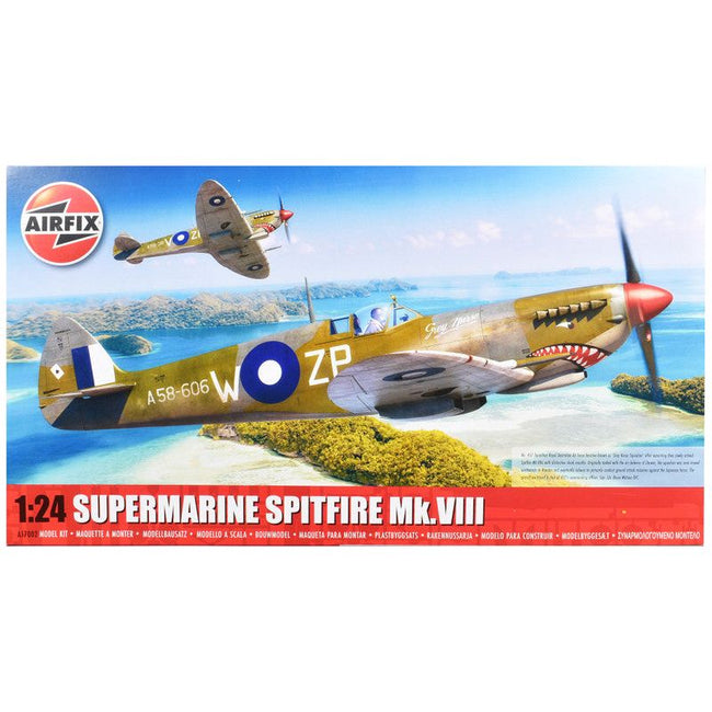 Level 4 Model Kit Supermarine Spitfire Mk.VIII Fighter Aircraft with 3 Scheme Options 1/24 Plastic Model Kit by Airfix - Airfix - ModelCars.com