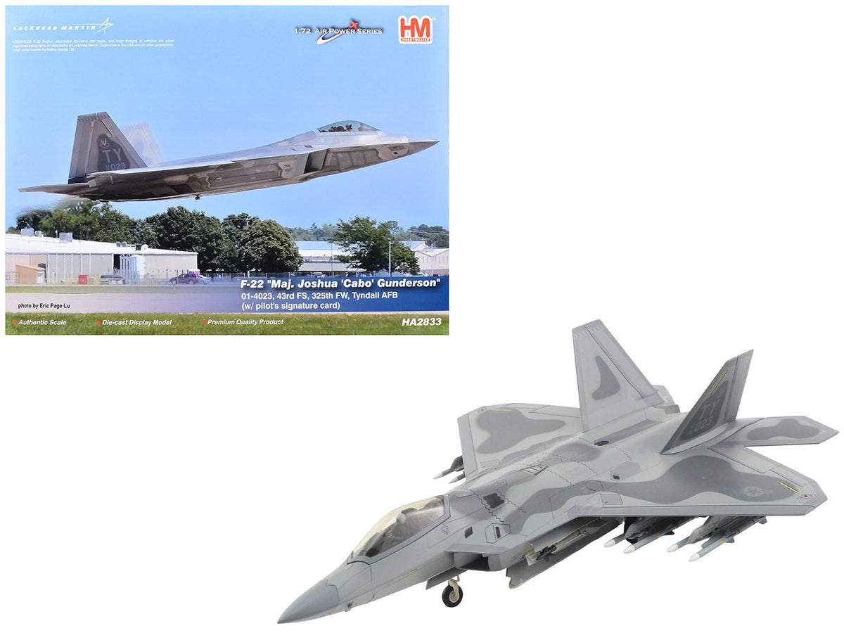 Lockheed F-22 Raptor Stealth Aircraft "01-4023 Major Joshua 'Cabo' Gunderson 43rd FS 325th FW Tyndall AFB" United States Air Force "Air Power Series" 1/72 Diecast Model by Hobby Master-Hobby Master-ModelCars.com