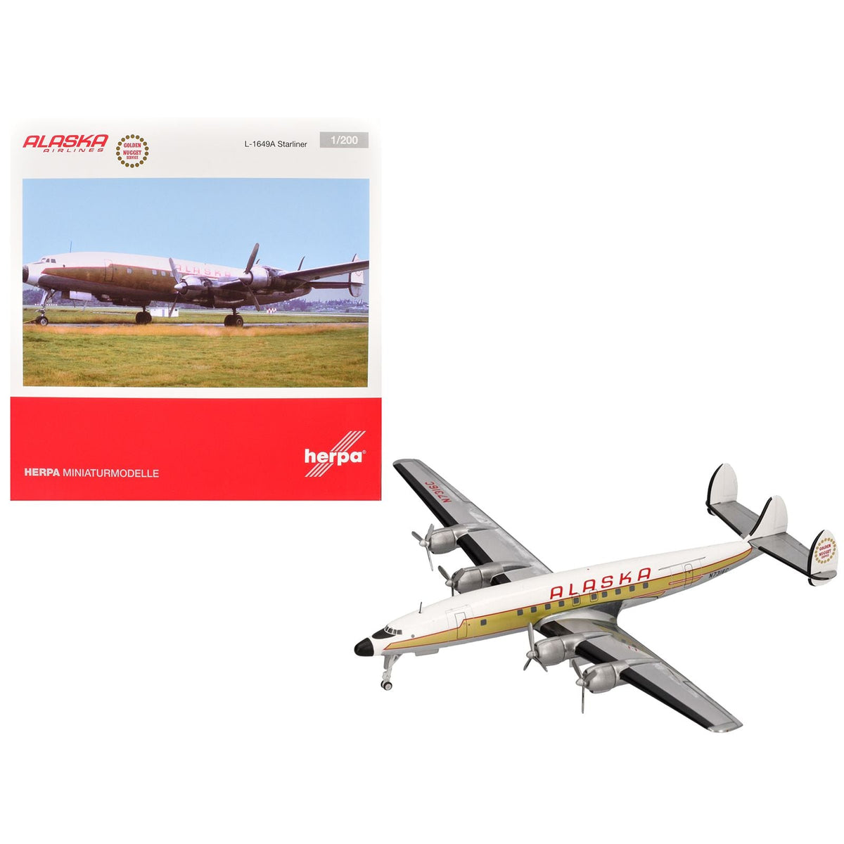 Lockheed L-1649A Starliner Commercial Aircraft "Alaska Airlines - Golden Nugget Service" (N7316C) White and Gold with Red Stripes 1/200 Diecast Model Airplane by Herpa-Herpa-ModelCars.com