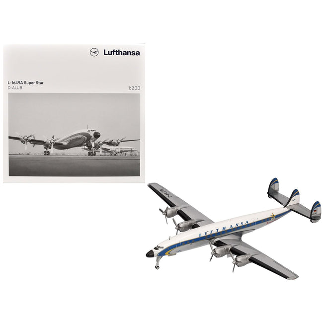 Lockheed L-1649A Super Star Commercial Aircraft "Lufthansa" (D-ALUB) White with Blue Stripes 1/200 Diecast Model Airplane by Herpa-Herpa-ModelCars.com