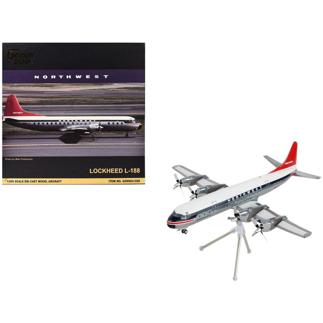 Lockheed L-188 Electra Commercial Aircraft "Northwest Orient" (N128US) White and Gray with Blue Stripes and Red Tail "Gemini 200" Series 1/200 Diecast Model Airplane by GeminiJets-GeminiJets-ModelCars.com