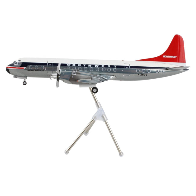 Lockheed L-188 Electra Commercial Aircraft "Northwest Orient" (N128US) White and Gray with Blue Stripes and Red Tail "Gemini 200" Series 1/200 Diecast Model Airplane by GeminiJets-GeminiJets-ModelCars.com