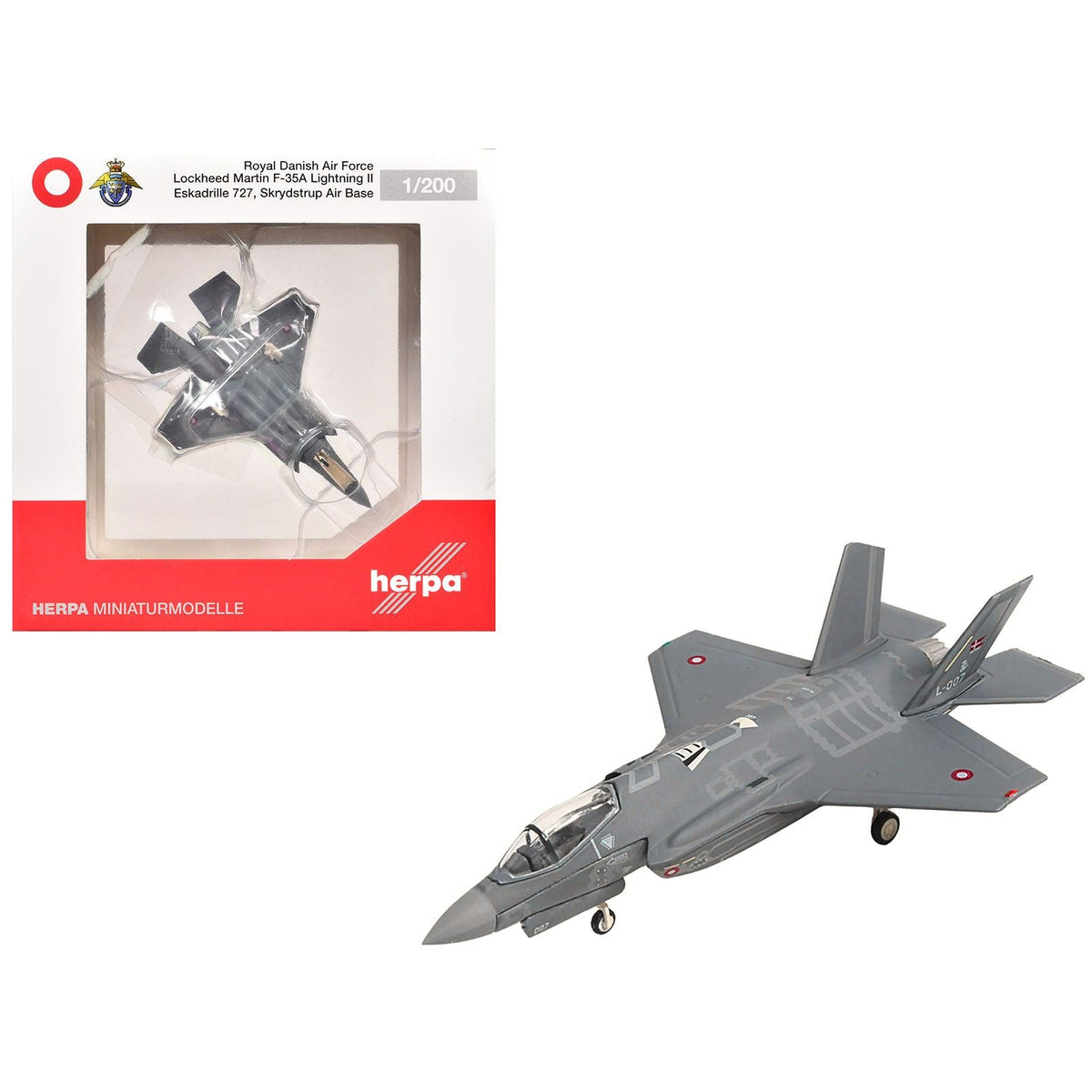 Lockheed Martin F-35A Lightning II Aircraft "Eskadrille 727 Skrydstrup Air Base" (L-007) Royal Danish Air Force 1/200 Diecast Model by Herpa-Herpa-ModelCars.com