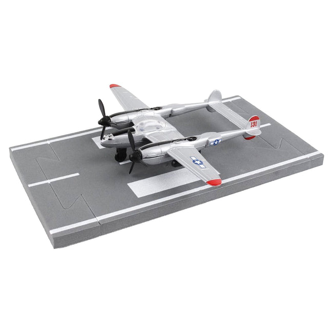 Lockheed P - 38J Lightning Fighter Aircraft Silver Metallic "United States Army Air Force" with Runway Section Diecast Model Airplane by Runway24 - Runway24 - ModelCars.com