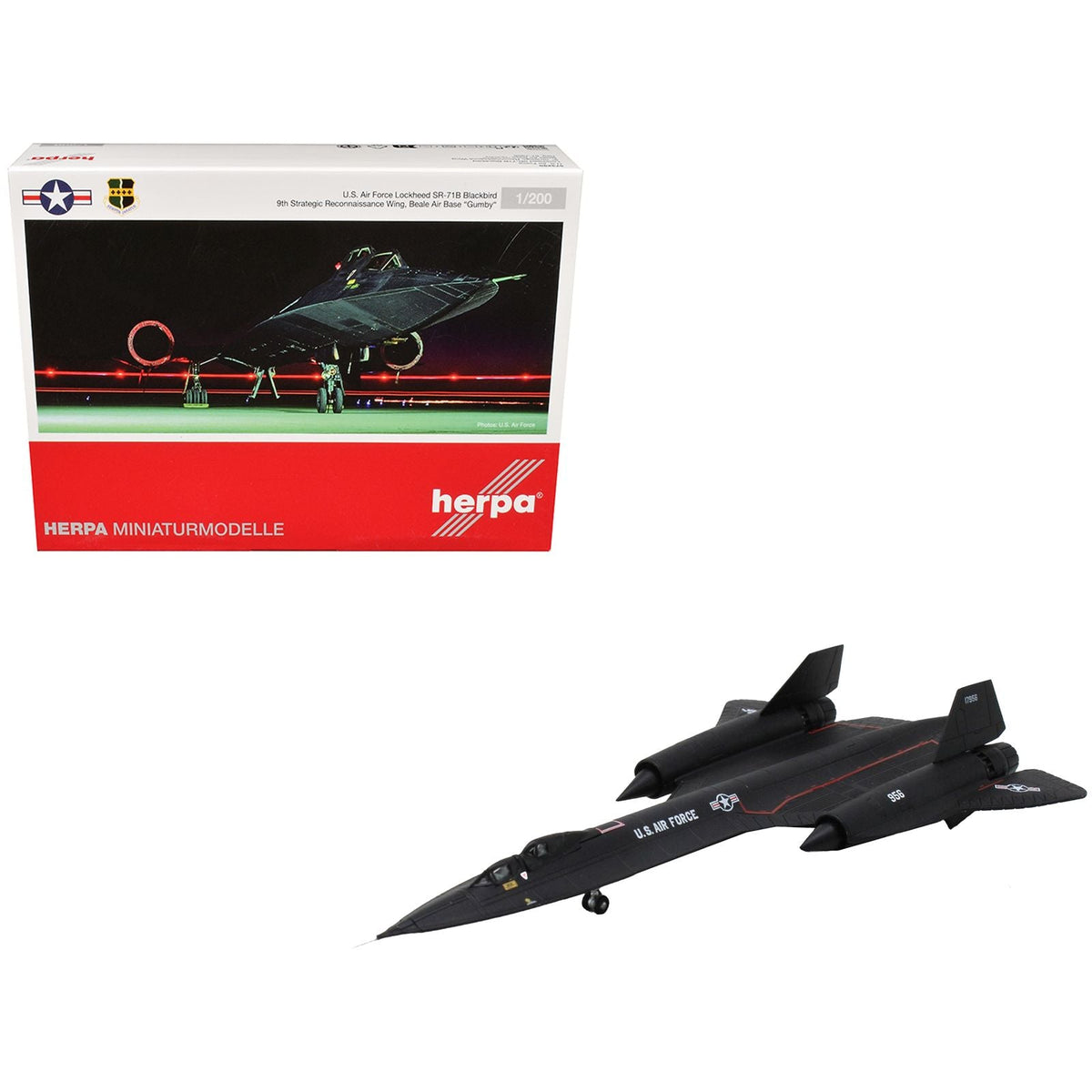 Lockheed SR-71B Blackbird Stealth Aircraft "9th Strategic Reconnaissance Wing Beale Air Base Gumby" United States Air Force 1/200 Diecast Model Airplane by Herpa-Herpa-ModelCars.com