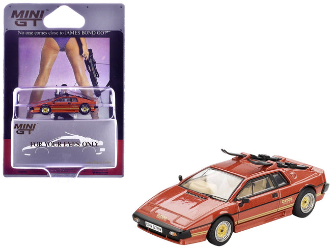 Lotus Esprit Turbo RHD (Right Hand Drive) Copper Fire Metallic with Skiis 007 James Bond "For Your Eyes Only" (1981) Movie Limited Edition 1/64 Diecast Model Car by Mini GT-Mini GT-ModelCars.com