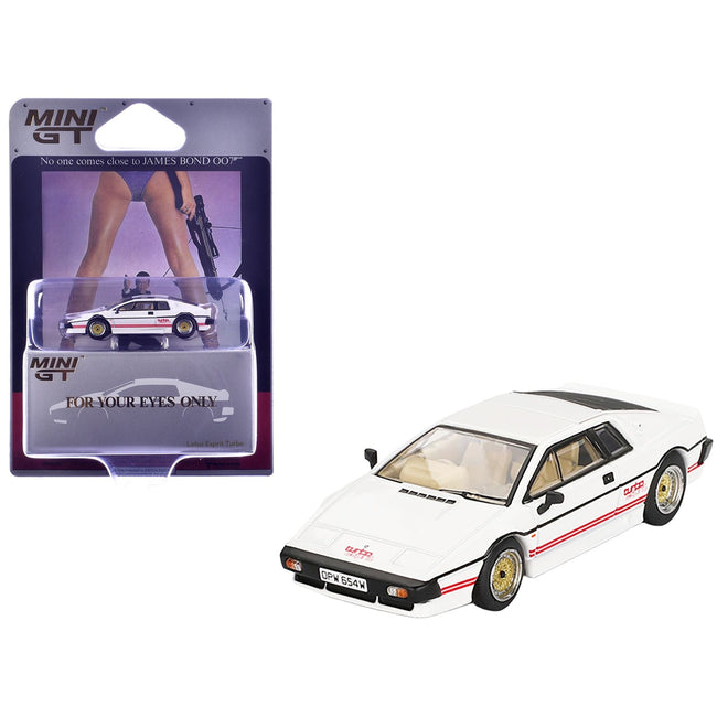 Lotus Esprit Turbo RHD (Right Hand Drive) White with Red Stripes 007 James Bond "For Your Eyes Only" (1981) Movie Limited Edition 1/64 Diecast Model Car by Mini GT-Mini GT-ModelCars.com