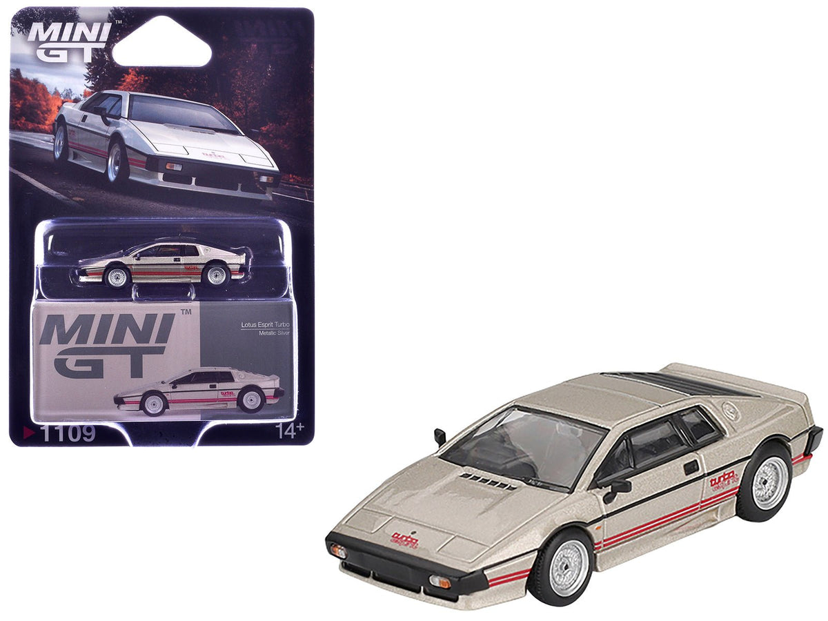Lotus Esprit Turbo Silver Metallic with Red Stripes Limited Edition 1/64 Diecast Model Car by Mini GT-Mini GT-ModelCars.com